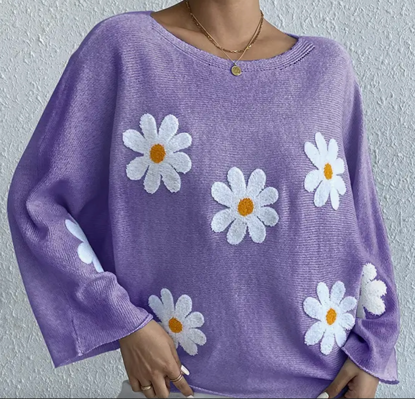 Wide-Shouldered Daisy Knit Sweater