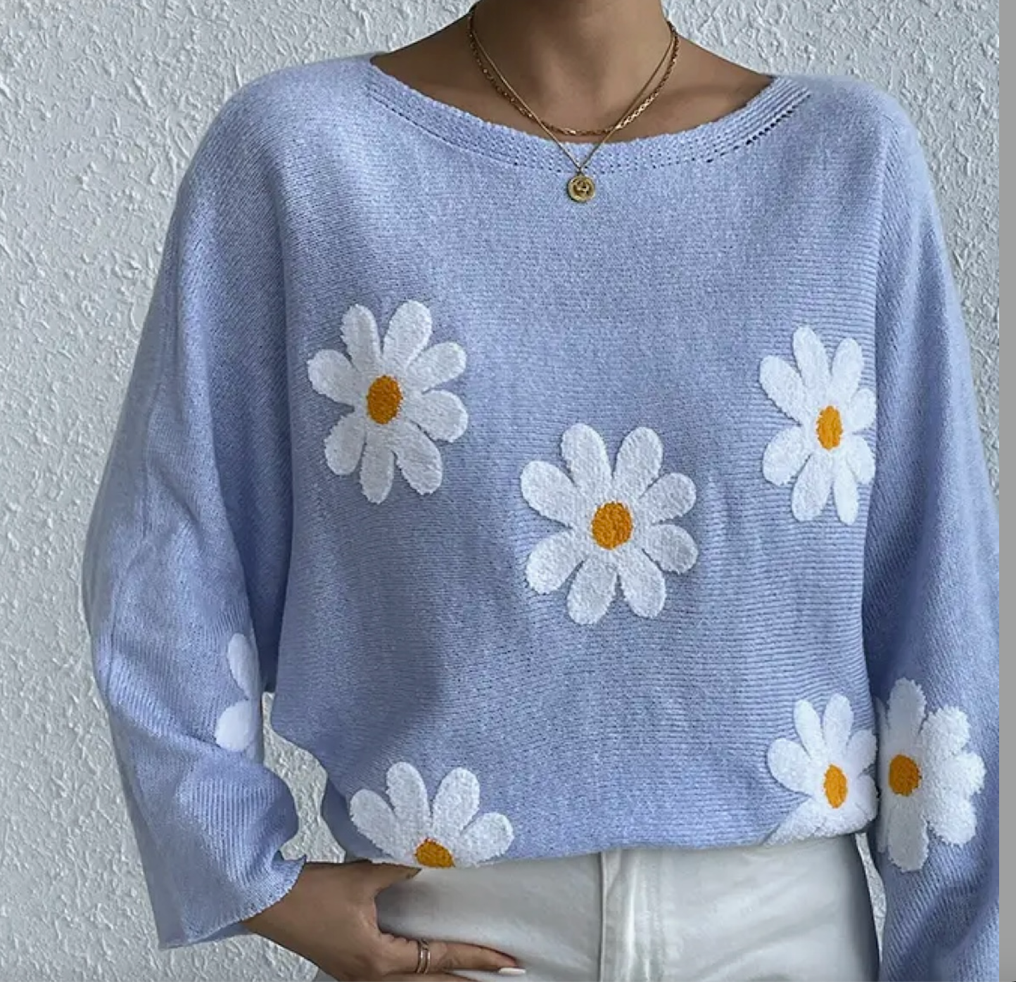 Wide-Shouldered Daisy Knit Sweater