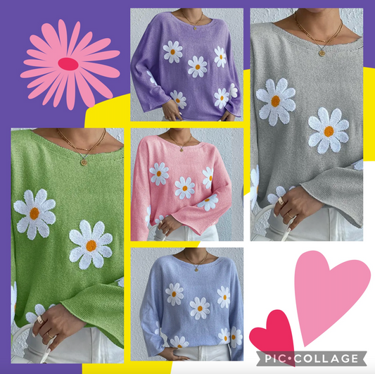 Wide-Shouldered Daisy Knit Sweater