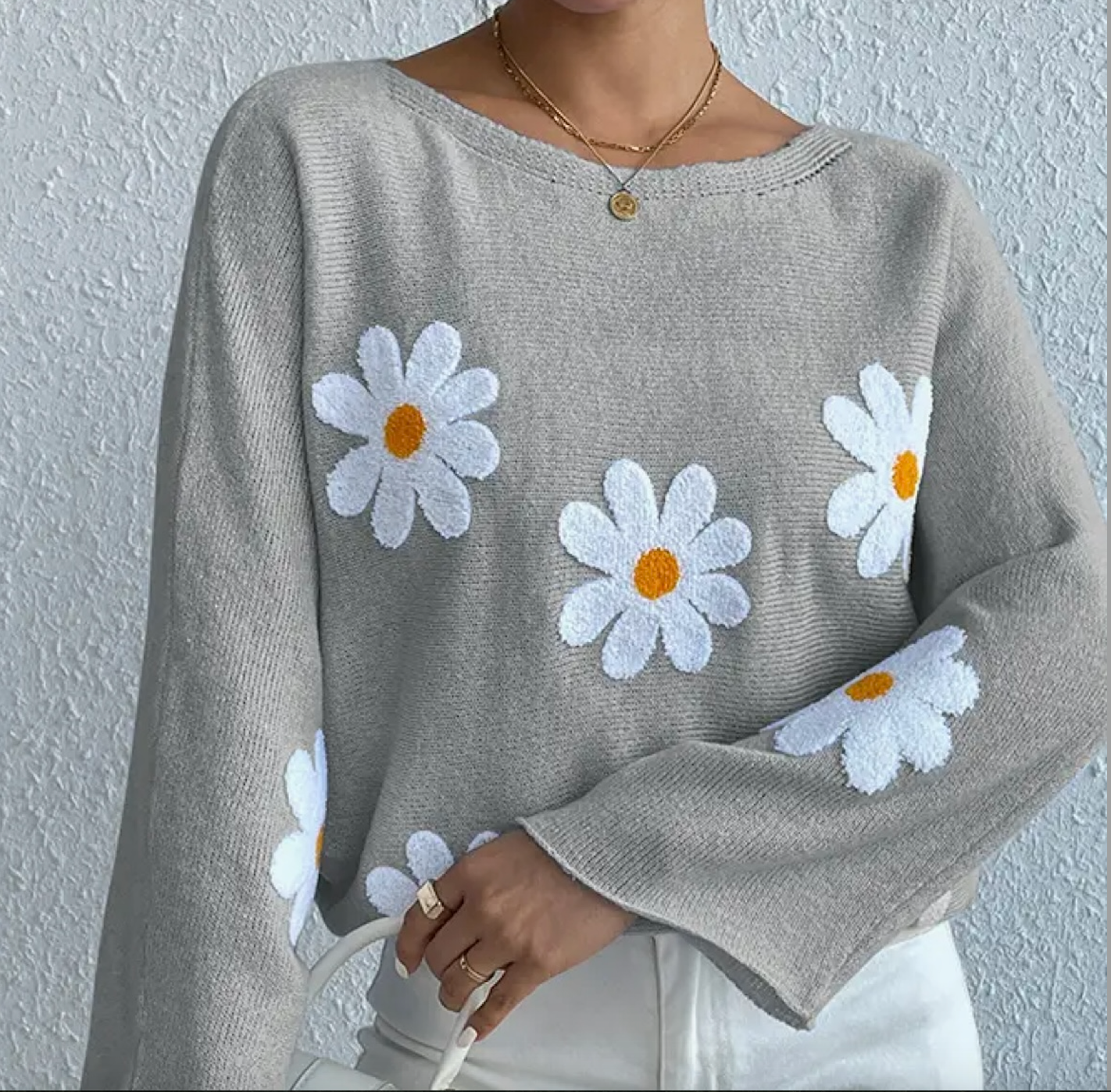 Wide-Shouldered Daisy Knit Sweater