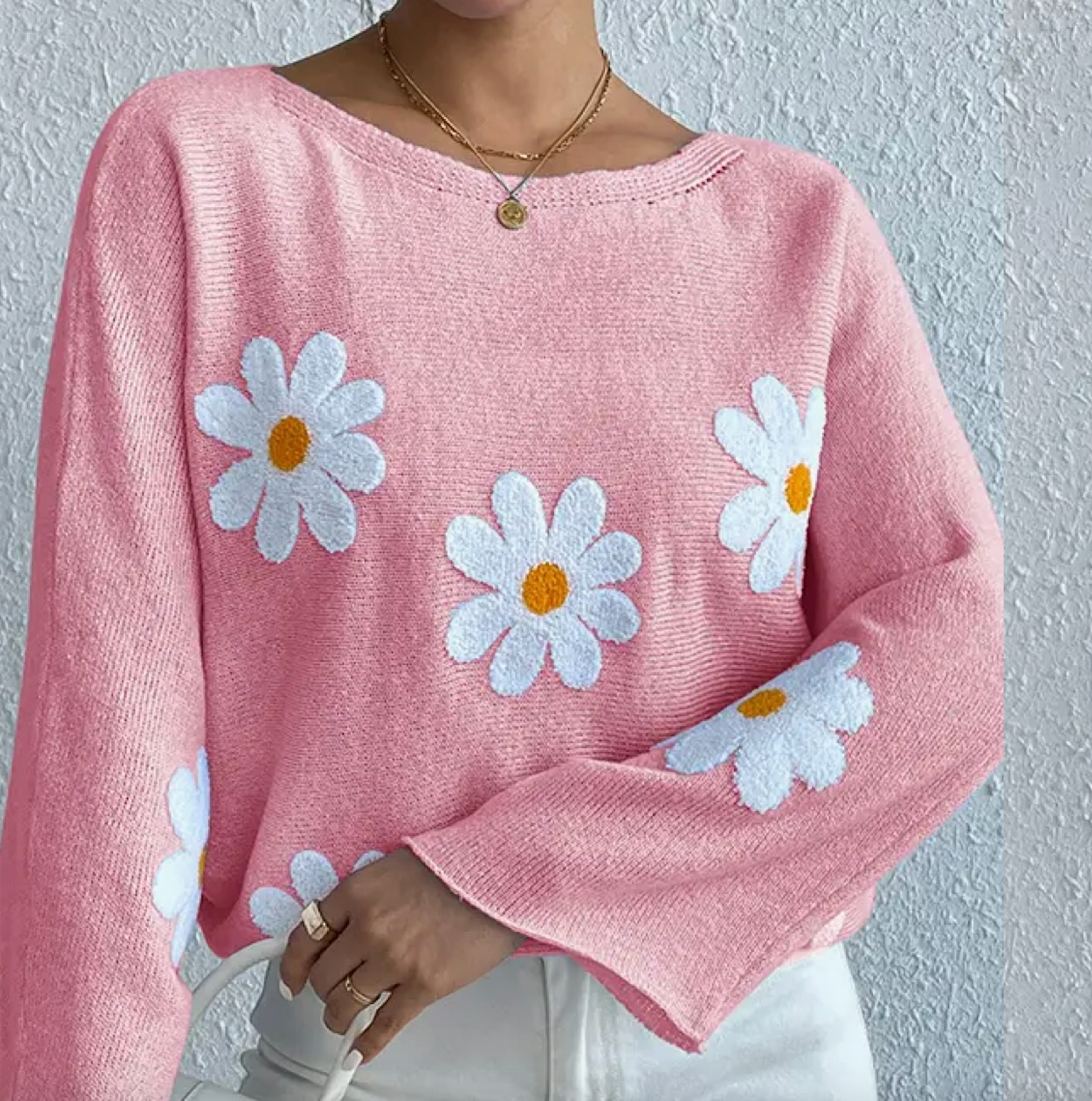 Wide-Shouldered Daisy Knit Sweater