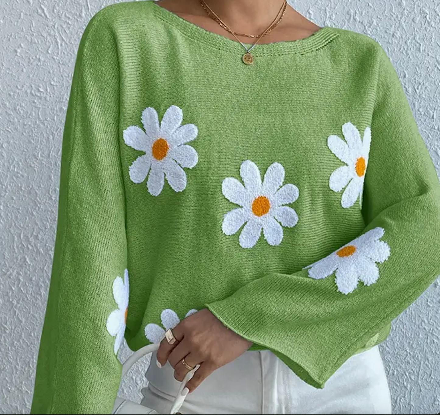 Wide-Shouldered Daisy Knit Sweater